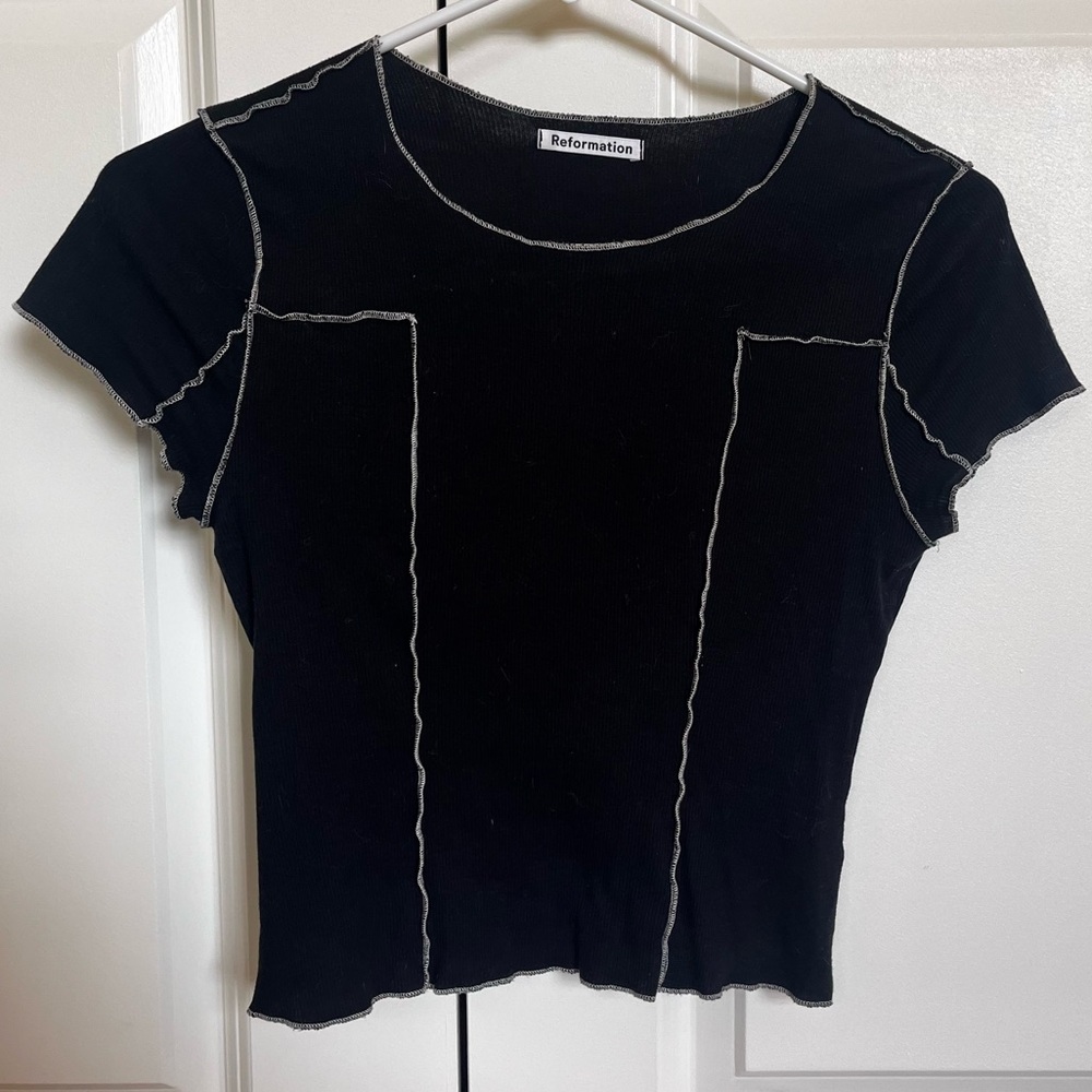 Reformation Black Crop Top with Contrast White Stitching